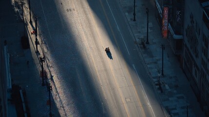 Solitary rider on empty street bisected by dramatic shadows cast from towering structure at dusk