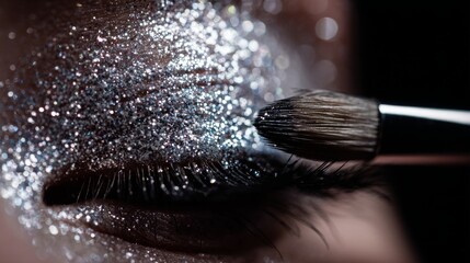 Close-up of an eye with shimmering silver eyeshadow being applied with a brush and mascara-coated eyelashes creating a glamorous makeup look