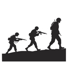 Naklejka premium Silhouettes of soldiers in different stages of war isolated on white background