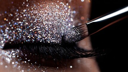 Close-up of an eye with densely packed silver glitter makeup being applied with a brush creating a sparkling eyelid effect