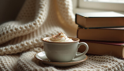 Comforting Still Life with Vintage Books, Hot Cocoa, and Knitted Blanket