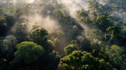 Aerial view of a dense rainforest canopy, with sunlight streaming through the trees and creating a misty atmosphere.