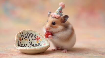 Adorable Hamster Wearing Party Hat Eating Strawberry Next to Festive Happy New Year Dish with Soft Pastel Background