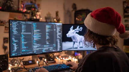 Festive workspace with holiday decorations showing a person coding on a computer with a 3D reindeer model on the secondary screen