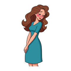 Shy Girl's Emotional State: A delicately illustrated portrayal of a shy, contemplative young woman, her downward gaze and posture reflect a blend of introspection and vulnerability.