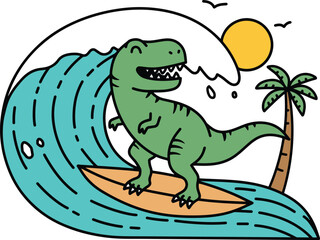 Dinosaur Surfing on a Wave Illustration
