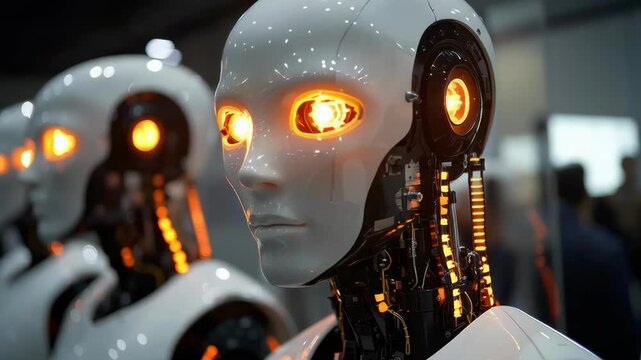 Innovative humanoid robots with glowing features on display at technology expo showcasing advances in artificial intelligence