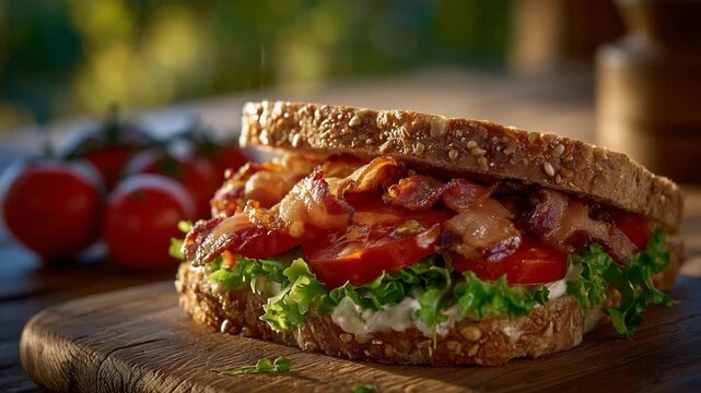 Savor a delicious BLT sandwich with sizzling bacon, vine-ripened tomatoes, and crisp lettuce on farmhouse bread, bathed in golden morning light.