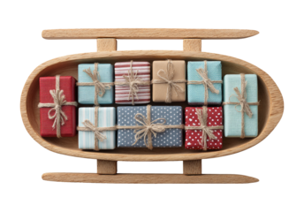 Miniature Sled Loaded with Tiny Wrapped Gift Boxes on Transparent Background