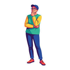 Pensive Consideration: An illustration captures a person in a contemplative pose, pondering a thought, showcasing intellectual curiosity and deep thought.