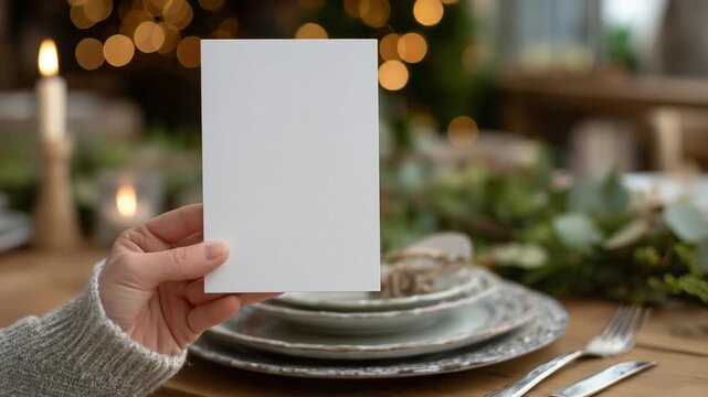 A blank menu card is elegantly held in a luxurious dining setup featuring layered plates, silver cutlery, and greenery accents.