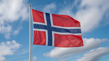 Patriotic Norway flag waving proudly in the wind under a bright blue sky, celebrating independence and national pride in Scandinavia