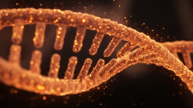 Close up view of a dna strand in orange with a dark background and small glowing particles around it