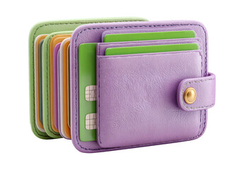 Purple Wallet with Green Credit Cards Isolated on Transparent Background