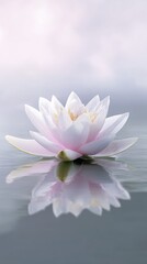 White Lotus Flower with Reflection on Calm Water