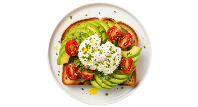 Avocado Toast with Poached Egg and Tomatoes, Overhead View, Transparent Background