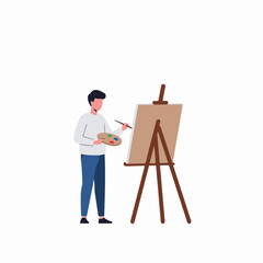 Flat vector illustration of a male artist painting on an easel, holding a palette and brush, depicting creativity and artistic hobby.