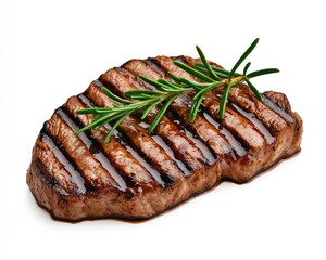 Grilled steak with visible grill marks, garnished with a sprig of rosemary. Isolated against a white background. Juicy appearance