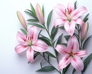 Pink lilies bloom alongside buds, complemented by verdant leaves against a clean white backdrop. Soft lighting highlights delicate petals and floral arrangements