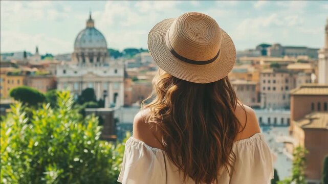 Woman looking over city with St. Peter's Basilica and Vatican Square in the background.