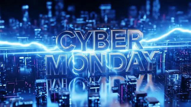 Futuristic city background with Cyber Monday text motion graphics for sales promotion or holiday marketing campaign.