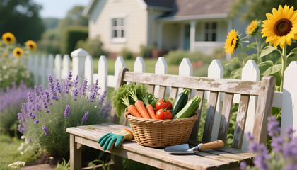 Vegetable basket with fresh produce on bench in sunny garden  