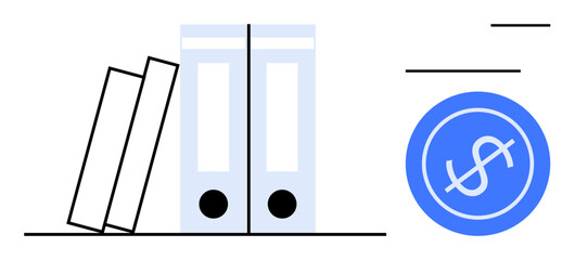 Folders arranged neatly alongside a dollar icon suggesting financial organization and business record management. Ideal for bookkeeping, accounting, budgeting, finance, office work, document