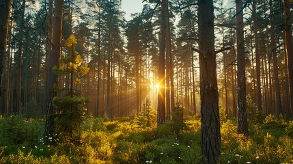 Fototapeta premium Mysterious forest landscape at dawn illuminated by warm golden light and soft mist