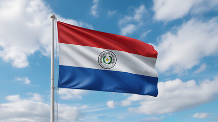 Waving flag of Paraguay against a vibrant sky symbolizes national pride and patriotism, ideal for travel, culture, and global relations