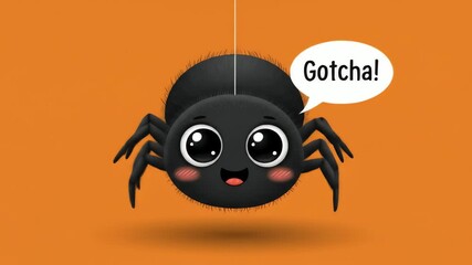 Animated cartoon spider dangling with a speech bubble saying Gotcha against an orange background for festive seasonal content