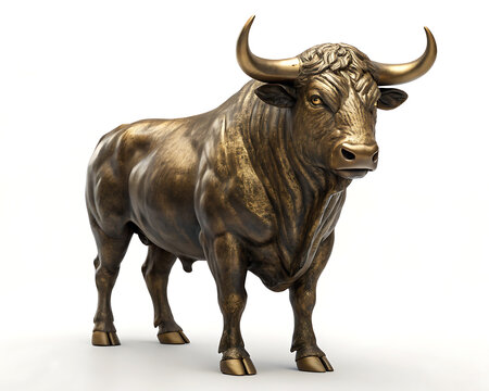 Bronze bull statue standing powerfully against a plain white background in a studio setting