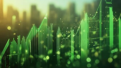 High-tech cityscape with neon green graphs and abstract data visualization. Futuristic business district. - Powered by Adobe