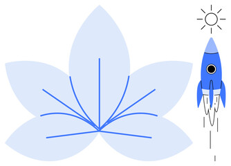Rocket soaring toward the sun next to a stylized flower with soft blue petals. Ideal for progress, innovation, growth, creativity, sustainability, technology, success. Simple flat metaphor