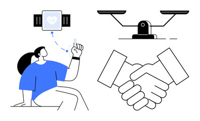 Woman checking health metrics on smartwatch, scales for balance, and handshake for collaboration. Ideal for health tracking, balance, teamwork, technology, negotiation, equality modern systems