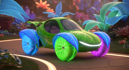 Futuristic eco-friendly vehicle design concept, showcasing a vibrant green car with leaf-patterned texture and bioluminescent wheels, driving on a path surrounded by lush alien flora and vibrant