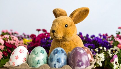 Easter bunny figurine with colorful eggs and flowers.