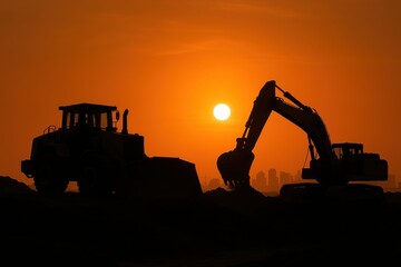 Heavy Construction Machinery Operating During Golden Hour at Major Infrastructure Development Site