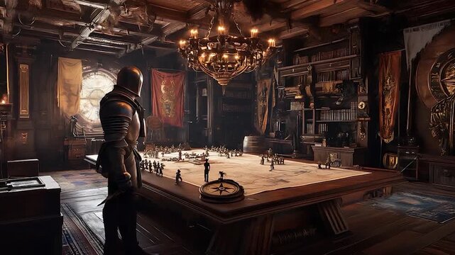 Knight Strategizes Over Miniature Army on Grand Map in Ornate War Room with Chandelier and Round Window