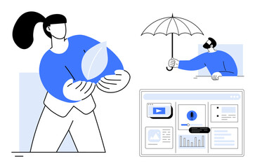 Woman holding leaf representing eco-conscious choices, man with umbrella symbolizing protection, and featured dashboard showcasing data visualization. Ideal for sustainability, protection, nature
