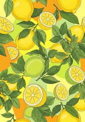 Vibrant citrus grove repeating pattern featuring lemons, limes and foliage