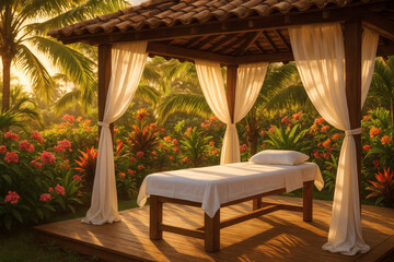 Fototapeta premium Serene Outdoor Massage Therapy Setting in Lush Tropical Paradise