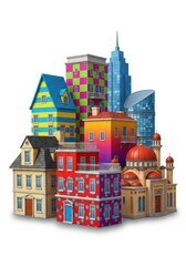Naklejka premium Vibrant Urban Medley: A Whimsical Architectural Collage on White Background