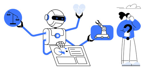 AI robot with multiple robotic arms balancing justice, analyzing data, holding heart, optimizing machinery while human ponders. Ideal for automation, technology, ethics, AI-human interaction