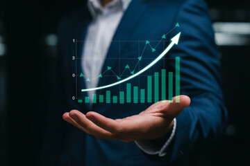Businessman Presenting Growth Chart and Financial Success Analysis for Investment Strategy and Business Performance Optimization with Rising Graph
