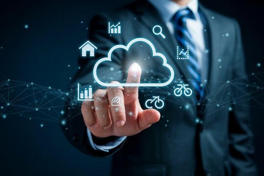 Cloud computing concept businessman touching cloud icon with data analytics smart home and business symbols for modern technology solutions