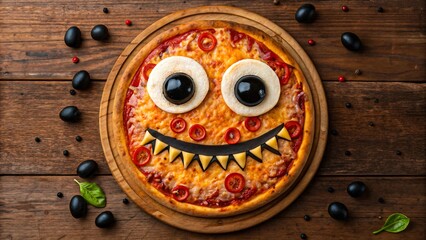 Fun Halloween pizza decorated like a monster face with cheese, olives, and peppers on rustic wooden table surrounded by black olives
