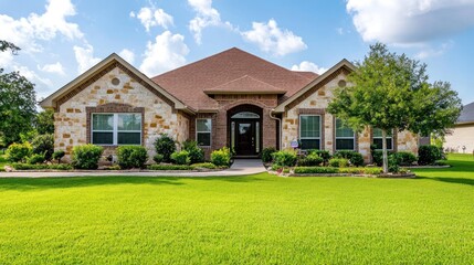 Stone house, manicured lawn, sunny day, suburban setting, real estate