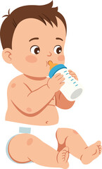 Baby drinking milk from bottle sitting diapered vector illustration for childcare and infant feeding concepts