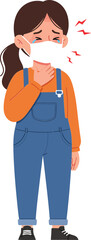 Girl wearing mask with sore throat symptoms coughing and feeling unwell vector illustration