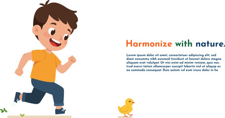 Happy boy running outdoors with small yellow chick and text about harmonizing with nature in colorful letters vector illustration
